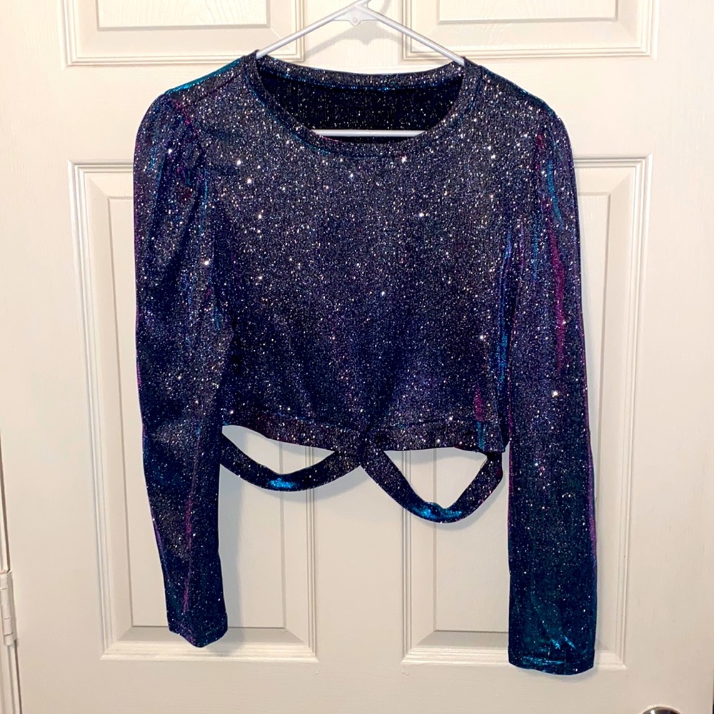 Puff Sleeve Cutout Crop glitter top